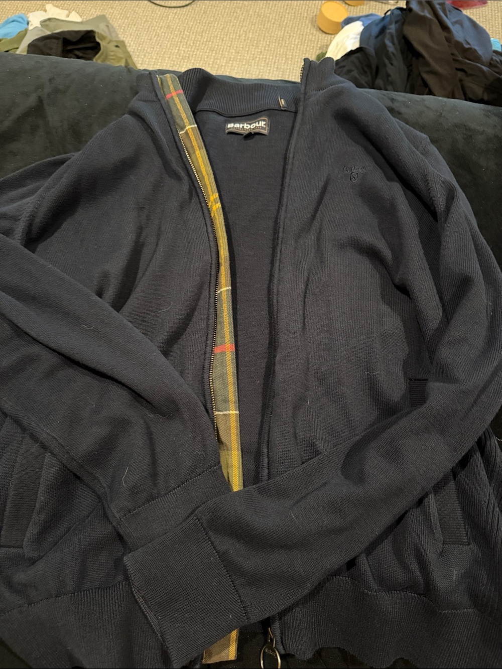 Barbour Navy Zip Sweater with Yellow Plaid Trim